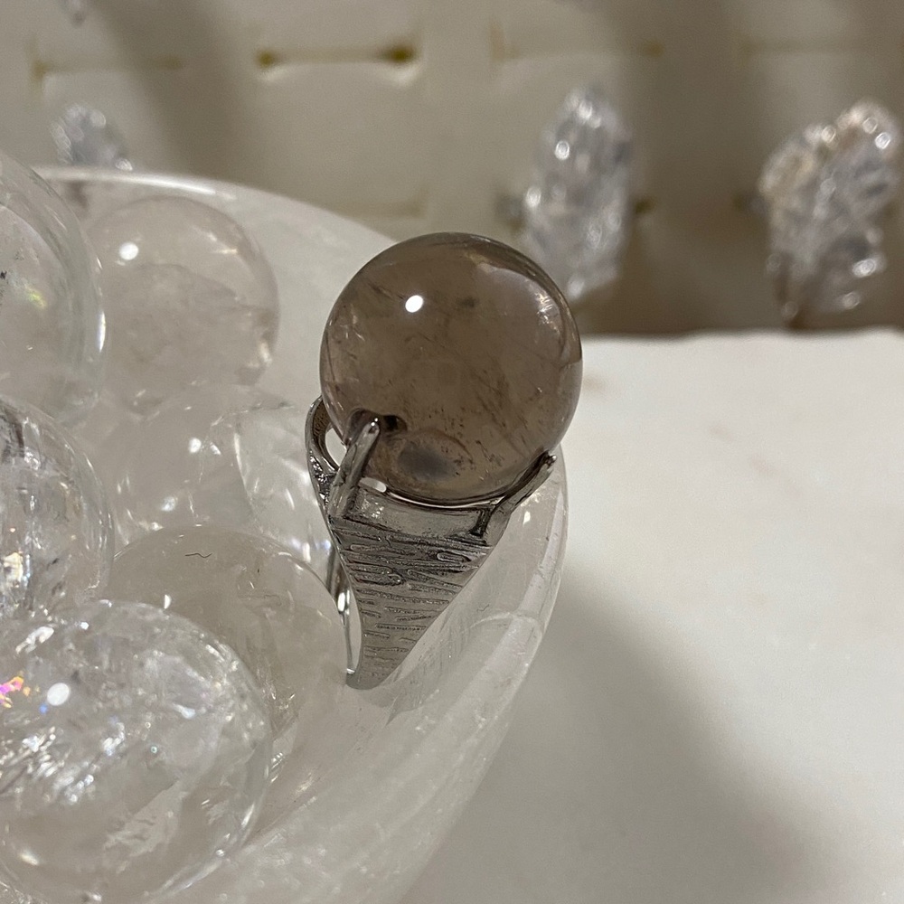 Smoky Quartz Sphere Ring | Crystal Ball Statement Ring | Silver‑Tone Adjustable